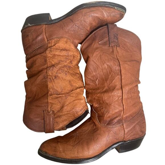 Vintage Brown Slouchy Leather Mid Calf Cowboy Western Boots Men's Size 7D - Picture 6 of 9